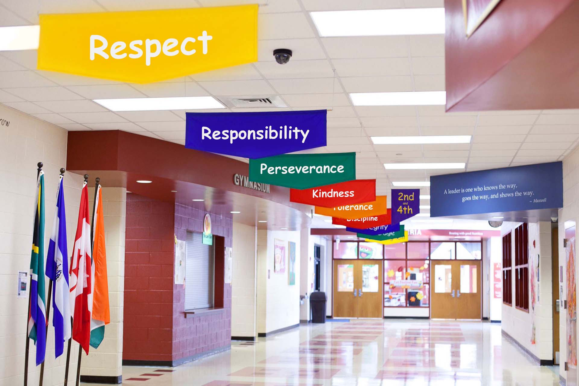 Professional character education banner display in school setting