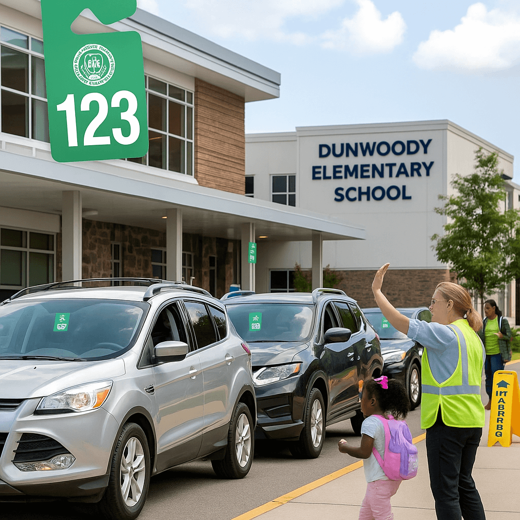 School carpool system transformation with organized car line, numbered carpool tags, and staff efficiently managing student pickup at elementary school