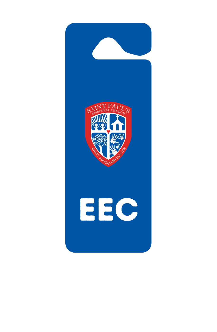Blue Saint Paul's Early Education Center tag with the school's crest on the front