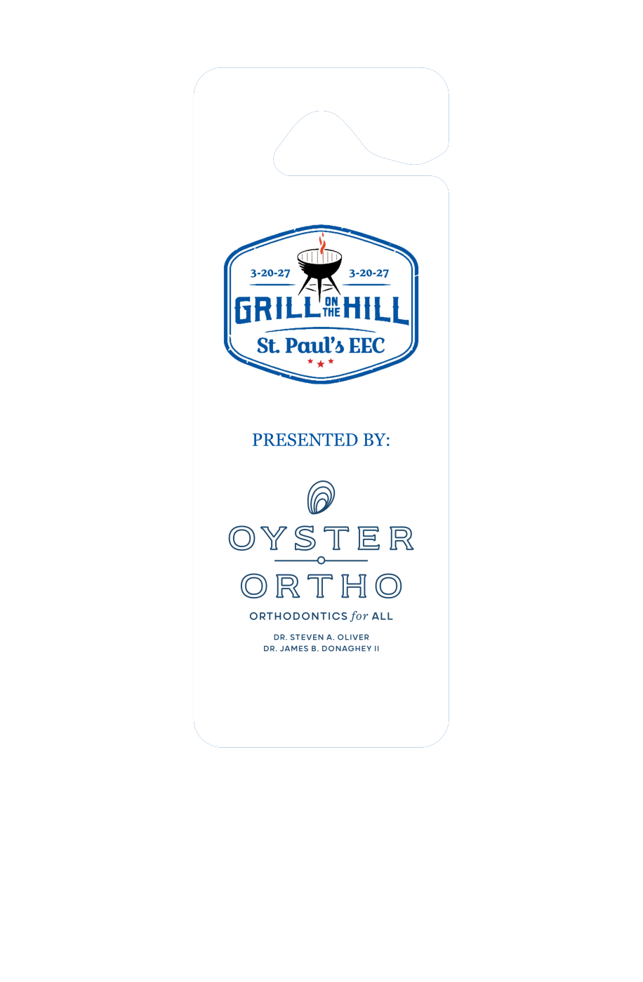 Reverse of the Saint Paul's tag with event artwork and Oyster Ortho sponsor recognition